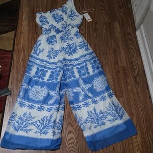 Taylor White and Blue Coastal Print Wide-Leg Jumpsuit
